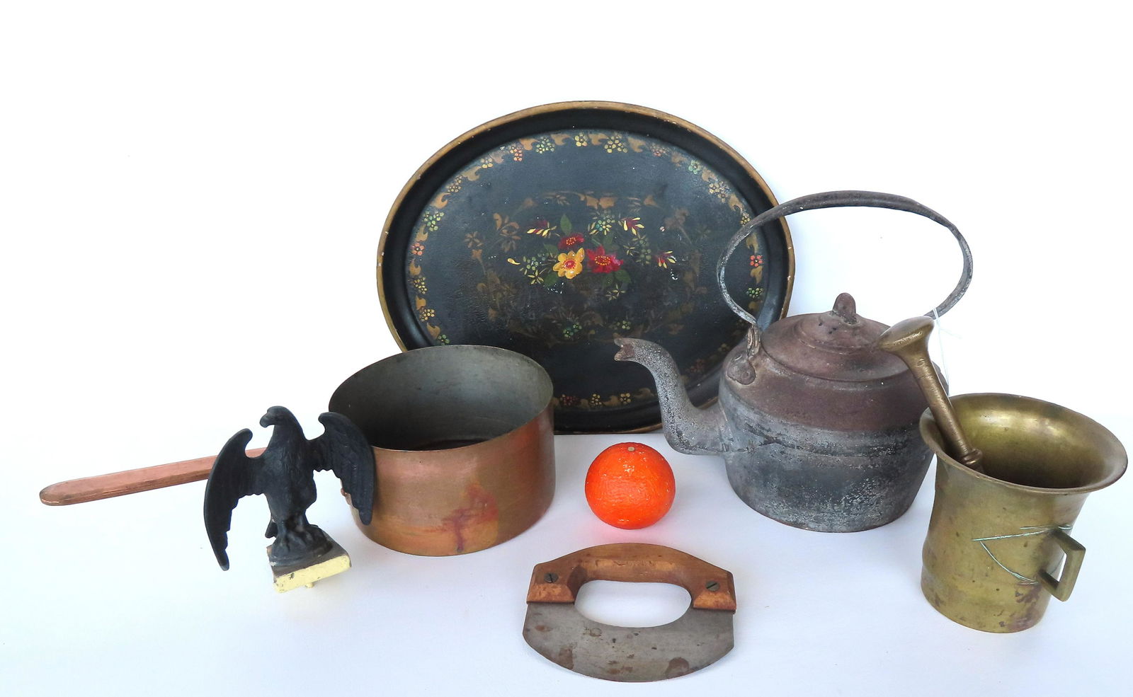 Grouping of 6 country items including: A good cast iron goose neck tea kettle with hand forged iron (1 of 6)