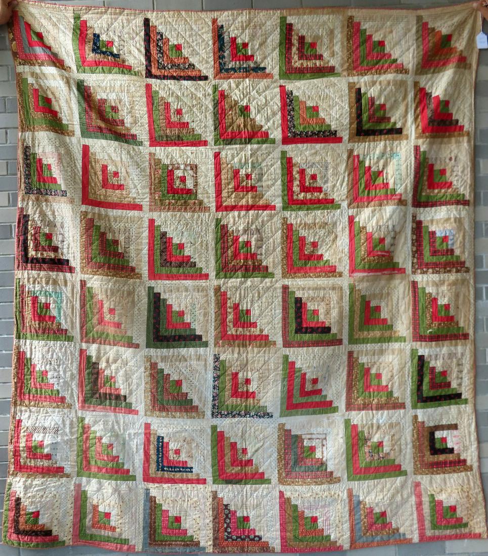 A log cabin quilt, late 19th century, hand quilted. Five of the log squares have some wear and (1 of 10)