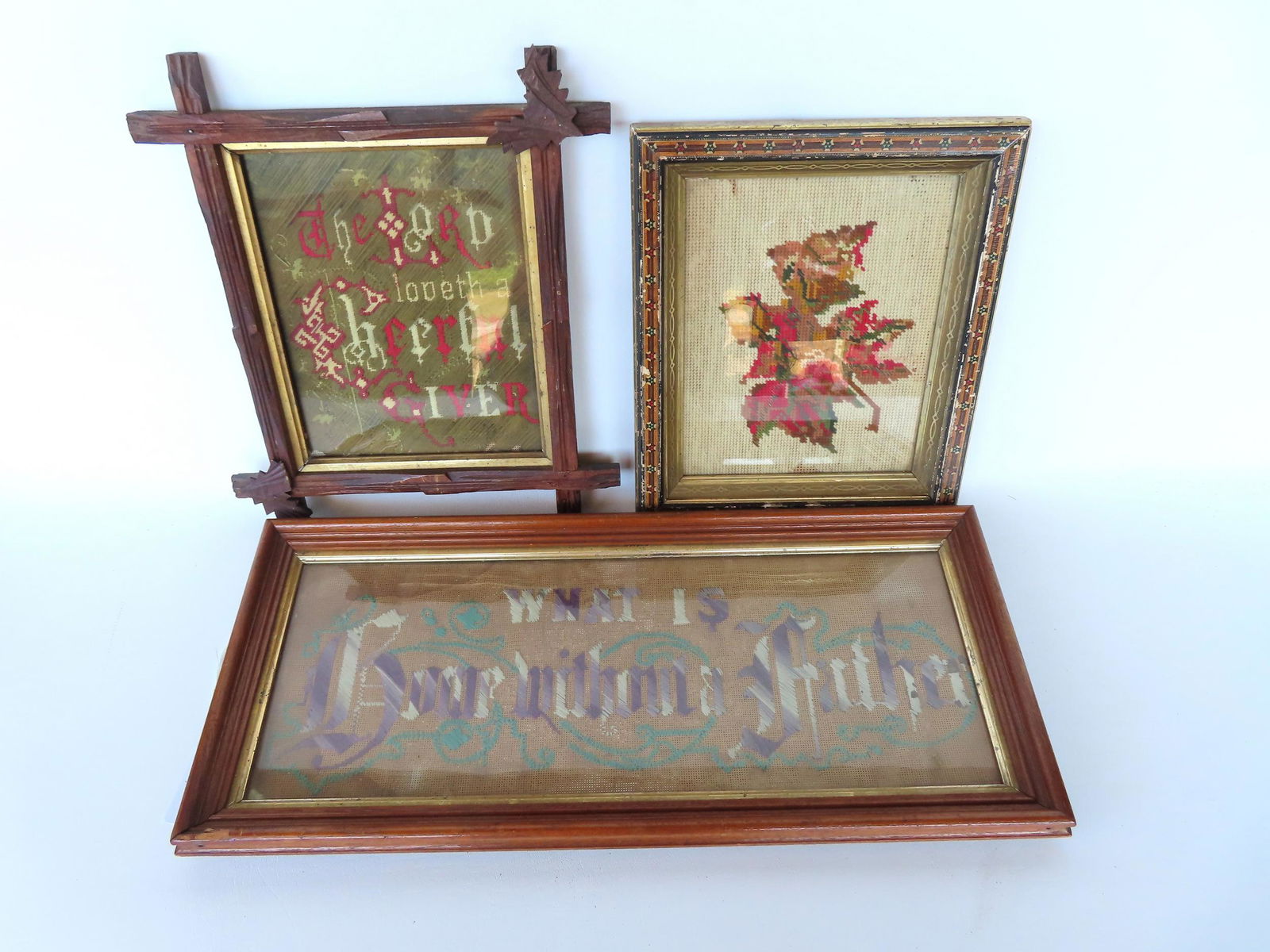 Three Victorian framed needleworks including a motto sampler "What is Home Without A Father" - 23 (1 of 4)