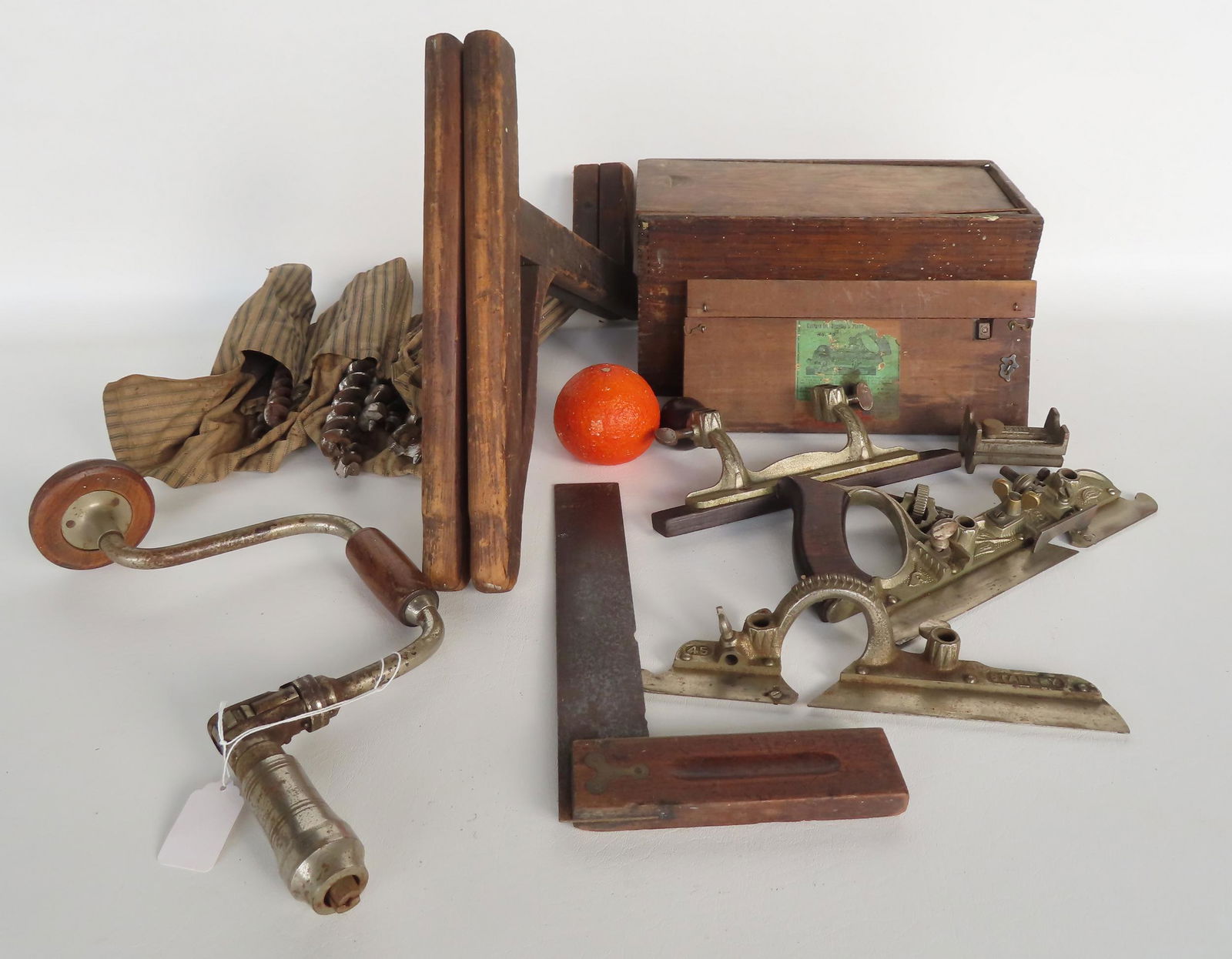 Grouping of vintage tools including: A Millers Falls Co. bit brace with rosewood handle patent 1869 (1 of 5)