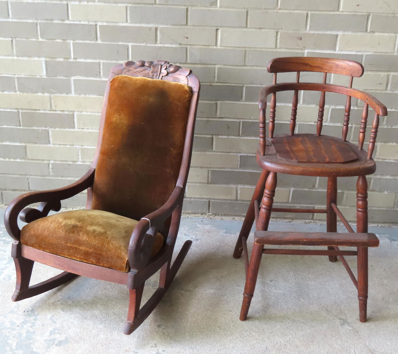 Two Victorian child's chairs including an oak high chair in Windsor style - replace seat, else good (1 of 5)