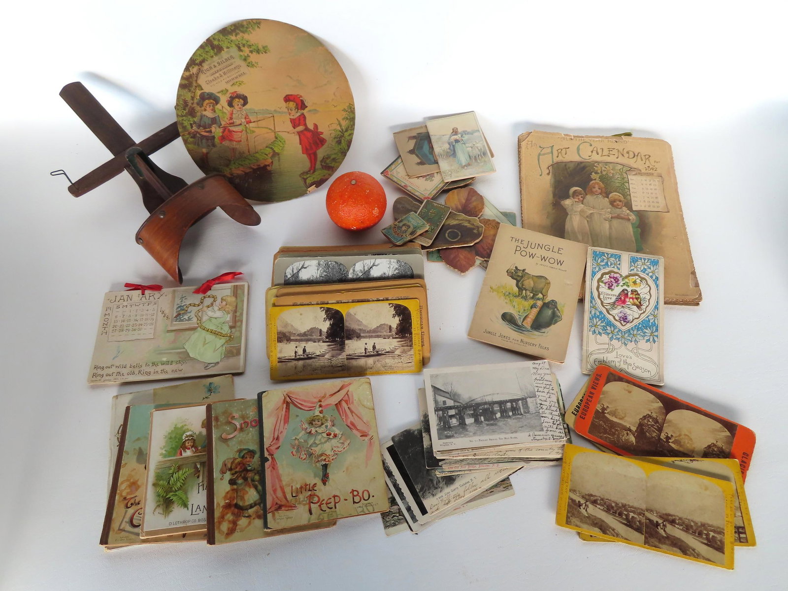 Grouping of photos and ephemera including: 25 stereoview cards (steam engine passing "Santa Monica: Grouping of photos and ephemera including: 25 stereoview cards (steam engine passing "Santa Monica Wharf, California" - French river scene with workers on rowboat - other European views, etc. - most i