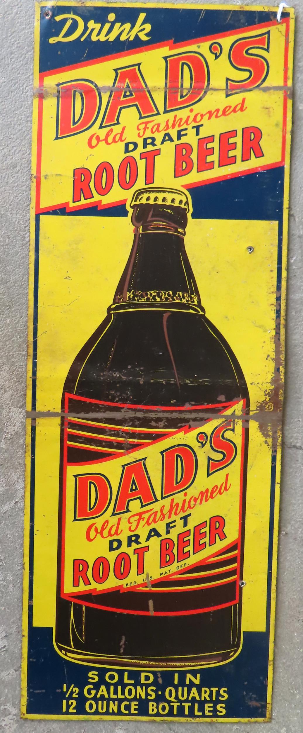 Tin advertising tin sign marked "Drink DAD'S Old Fashioned DRAFT ROOT BEER" - bright colors all (1 of 3)