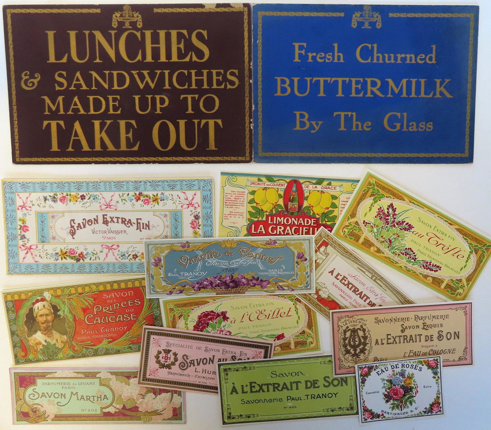 Grouping of advertising ephemera including: Two cardboard luncheonette/diner food signs - both in (1 of 3)
