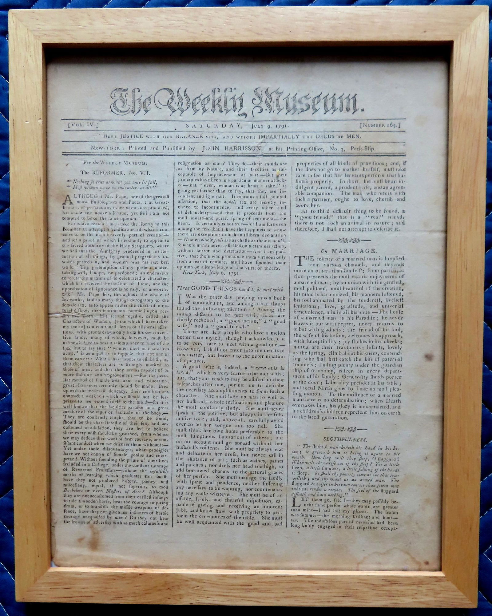 Framed newspaper "The Weekly Museum", July 9, 1791 - published by John Harrisson. An interesting (1 of 2)
