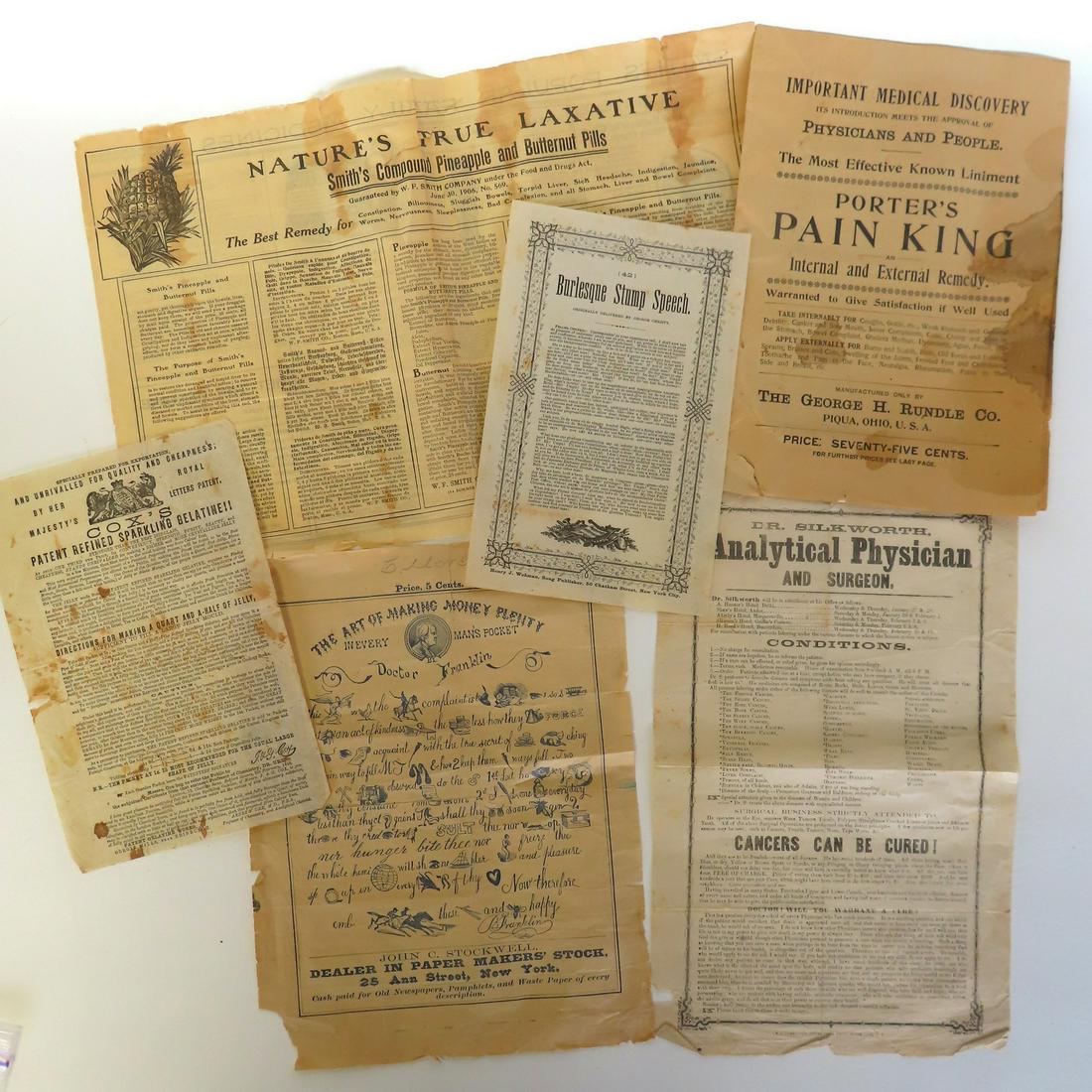Grouping of 6 vintage paper advertisements and broadsides, most 19th century. Includes broadside for (1 of 5)