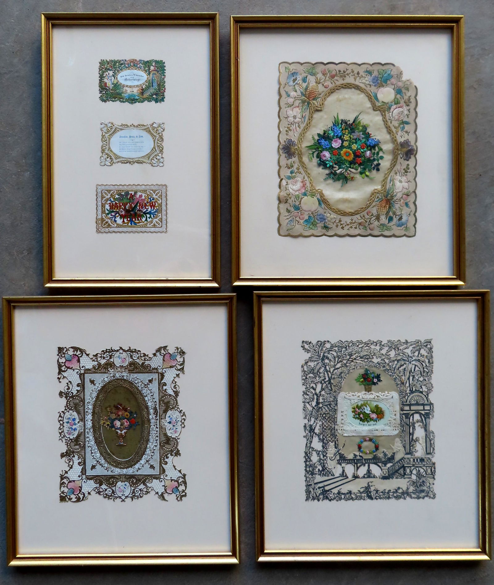 Three framed 19th century fancy Valentine cards and 3 smaller die-cut holiday cards within a (1 of 5)