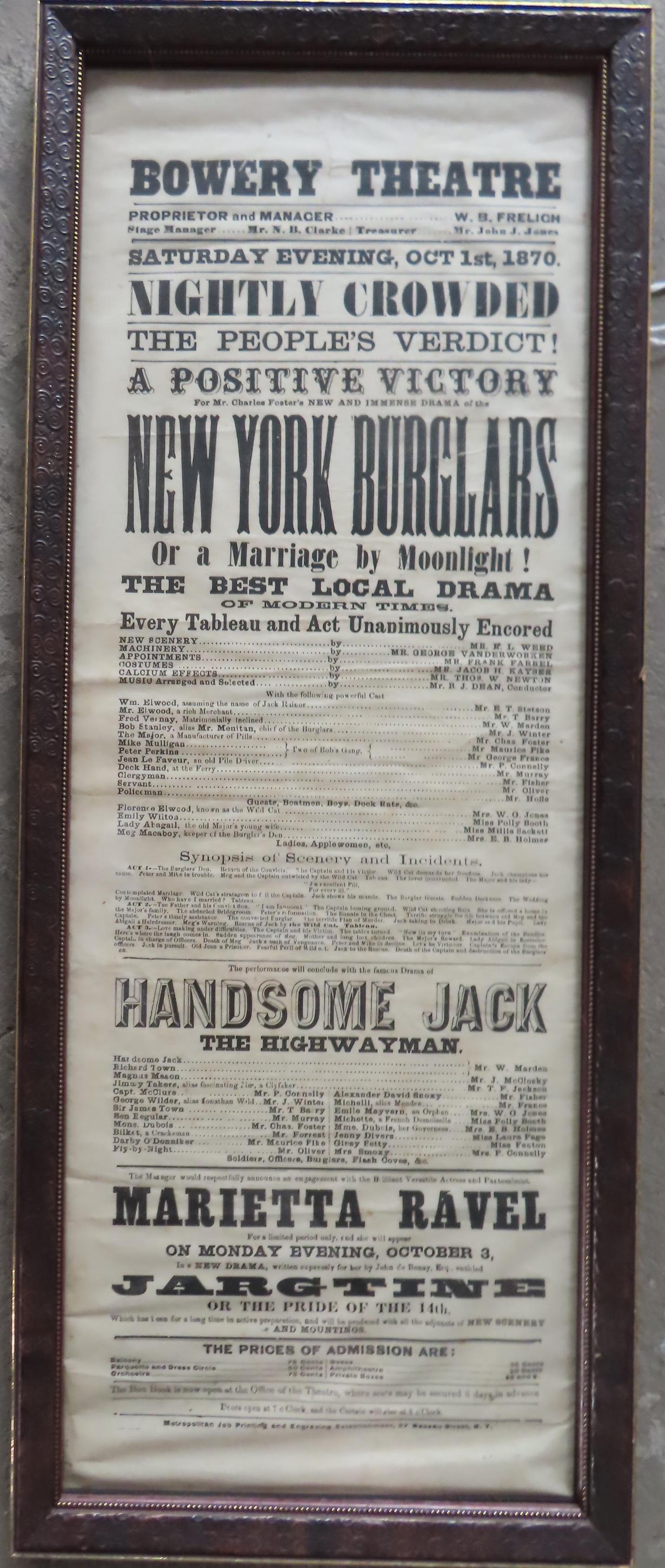 Broadside for "Bowery Theatre / Saturday Evening, Oct 1st, 1870". Includes "NEW YORK BURGLARS Or a (1 of 3)