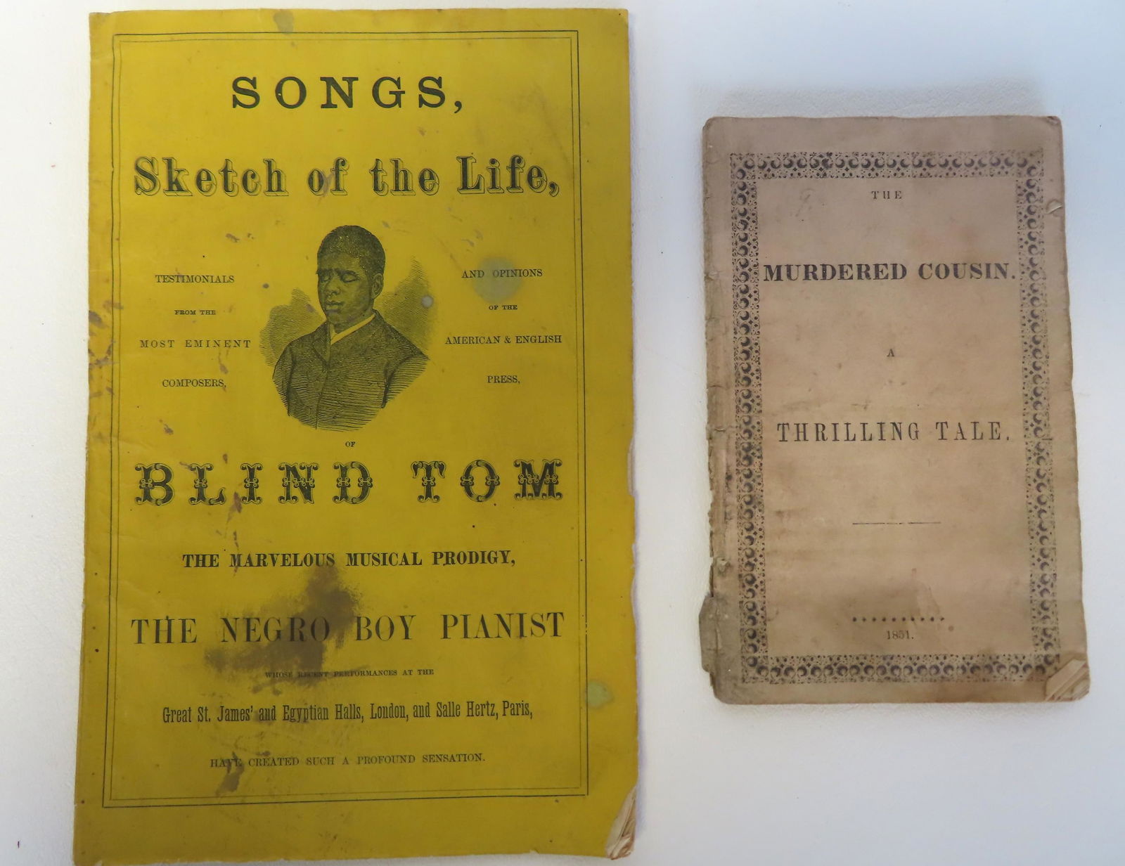 Two pamphlets: "Blind Tom - the Negro Boy Pianist", titled "Songs, Sketch of the Life, Testimonials (1 of 4)