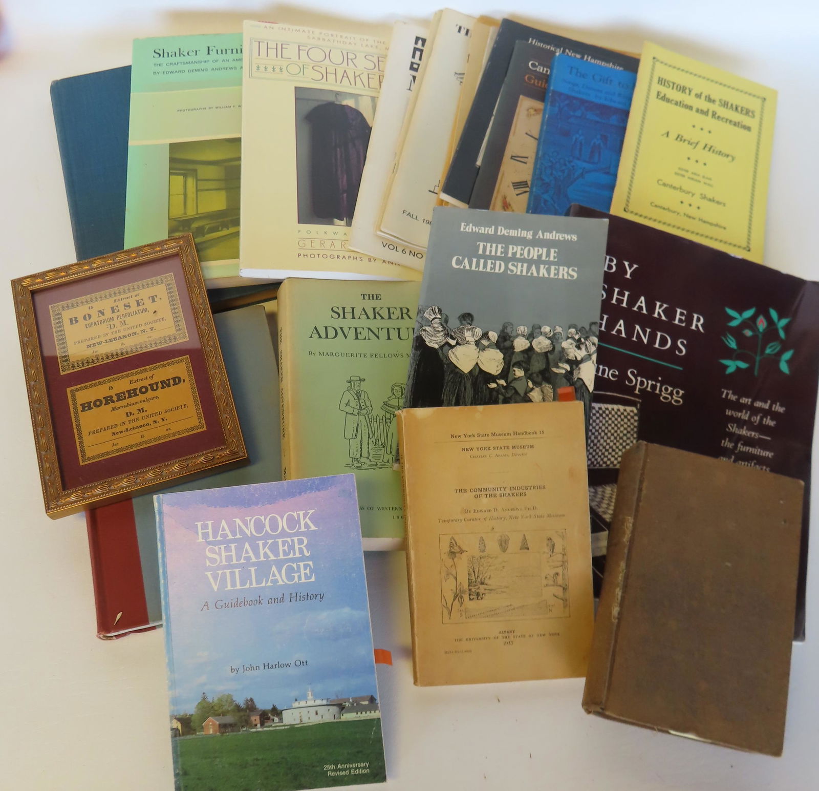 Grouping of Shaker & Quaker books including reference books, and 2 framed Shaker pharmaceutical (1 of 7)
