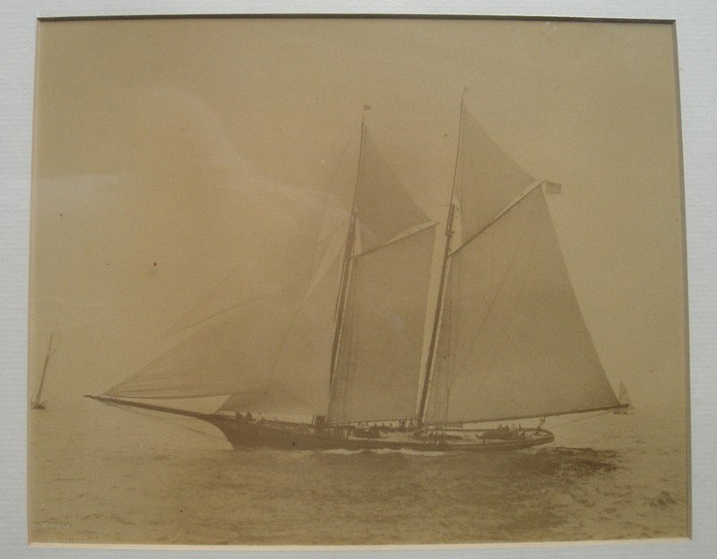 Stebbins photograph of two-mast sailing vessel.: Original photograph of two-mast sailing vessel with American flag - late 19th c. -signed Stebbins, Boston (Nathaniel Livermore Stebbins, 1847-1922. Stebbins was a noted American marine photographer wh