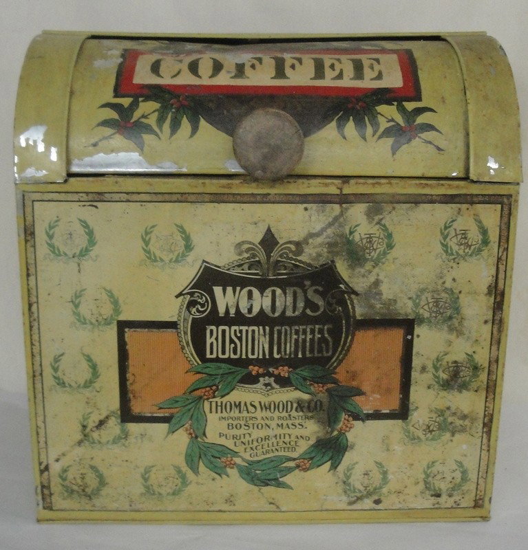 Lithographed tin coffee dispenser - signed Wood's B: Lithographed tin coffee dispenser - signed Wood's Boston Coffees (NOTE: replace knob and some repainting to lid)