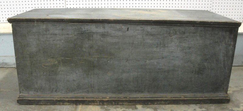 Blanket box in original blue paint with rattail hi: Blanket box in original blue paint with rattail hinges - moulding around top - missing side piece - several chips around moulding - moulded base - ca. 1800 - 49" length x 20" wide x 19.5" high