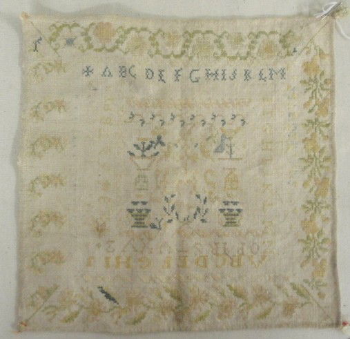 19th c. American sampler - unframed - floral borde: 19th c. American sampler - unframed - floral border around alphabet and numerics with various figures - 10.5" x 10.5"
