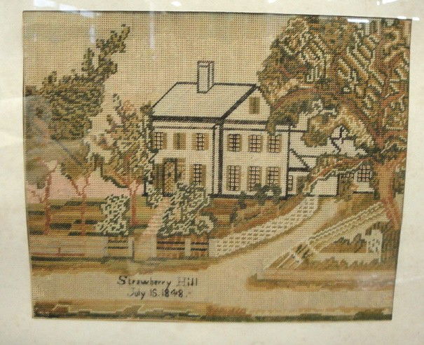 Needlework picture of farmhouse with fenced-in yar: Needlework picture of farmhouse with fenced-in yard entitled "Strawberry Hill, July 16, 1848" - 8.5" x 10.5"