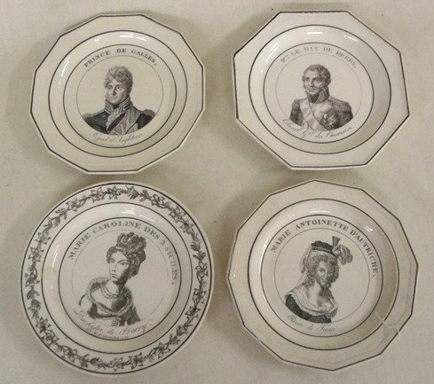 Four French 19th c. creamware portrait plates: Four early 19th century French creamware transferware portrait plates including: 1. Marie Antoinette d'Autriche - Reine de France - signed on base - Astor, Prince de ,Gales; 2. Prince De Galles - Rege