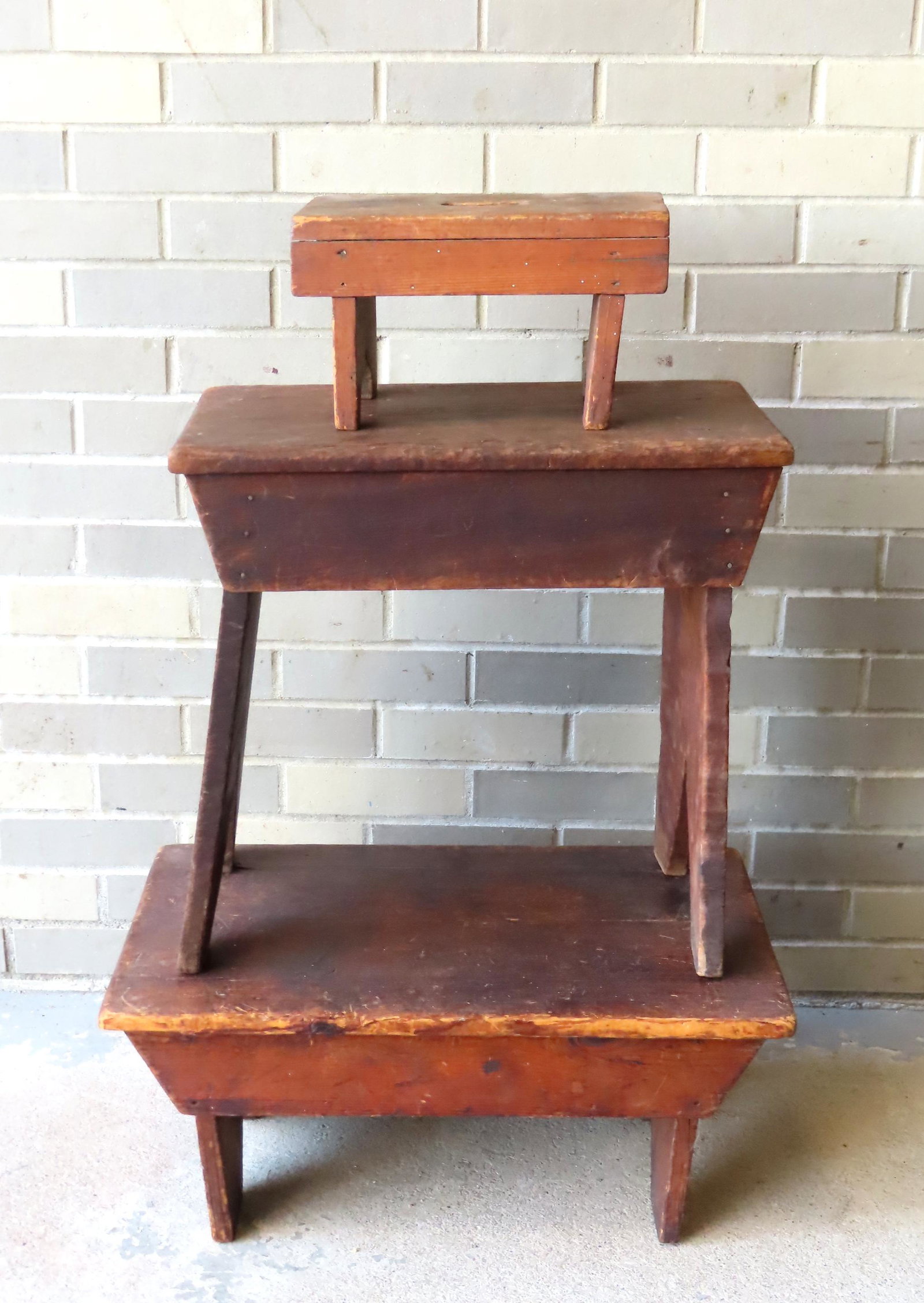 Three cricket stool, 19th century. The largest measures 20"W x 11 1/2"D x 19"H. All with some use: Three cricket stool, 19th century. The largest measures 20"W x 11 1/2"D x 19"H. All with some use wear but in good condition. Provenance: From the estate of Barbara Becker, High Falls NY. This lot is 