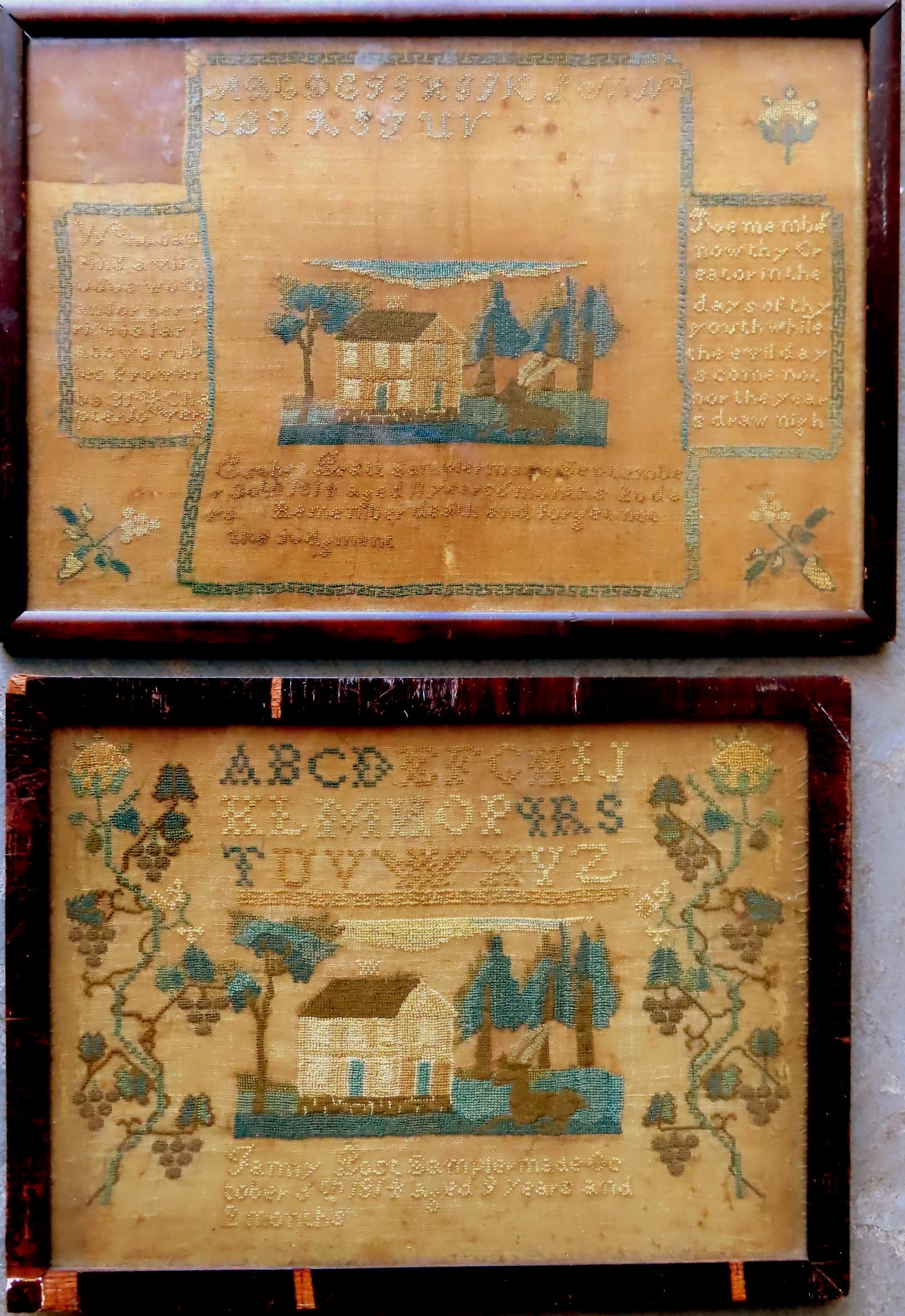 Two Connecticut school girl samplers who were likely friends and attended the same girl's school.: Two Connecticut school girl samplers who were likely friends and attended the same girl's school. The first signed "Esther Pratt Sampler Made September 30th 1814. Aged 11 Years 6 months 20 days. Remem