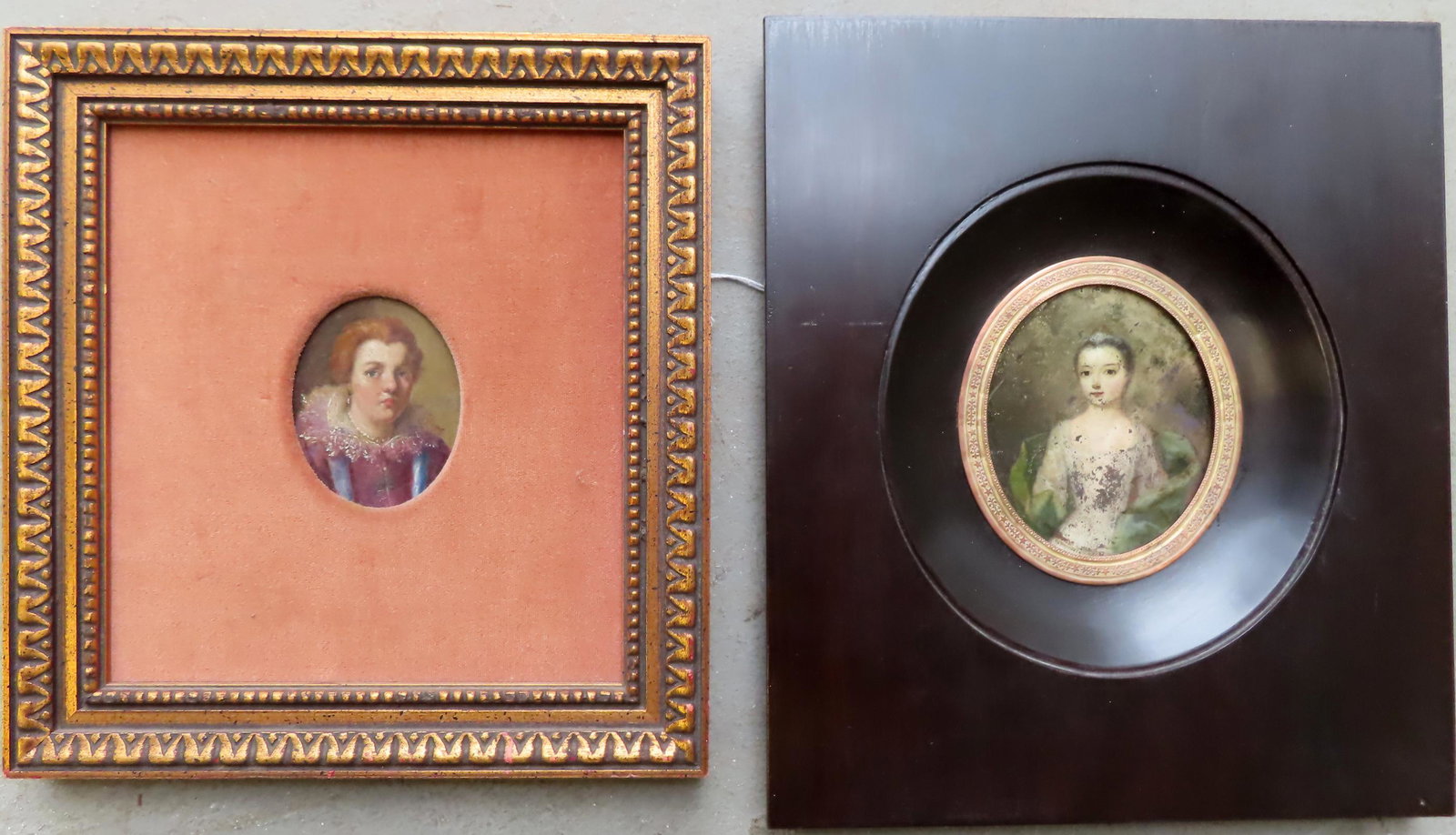 Two old master miniature portraits, probably 17th/18th century: Two old master miniature portraits, probably 17th/18th century. The first, a high quality oil portrait of lady wearing lace collar - unsure of the surface material as the artwork has not been examined
