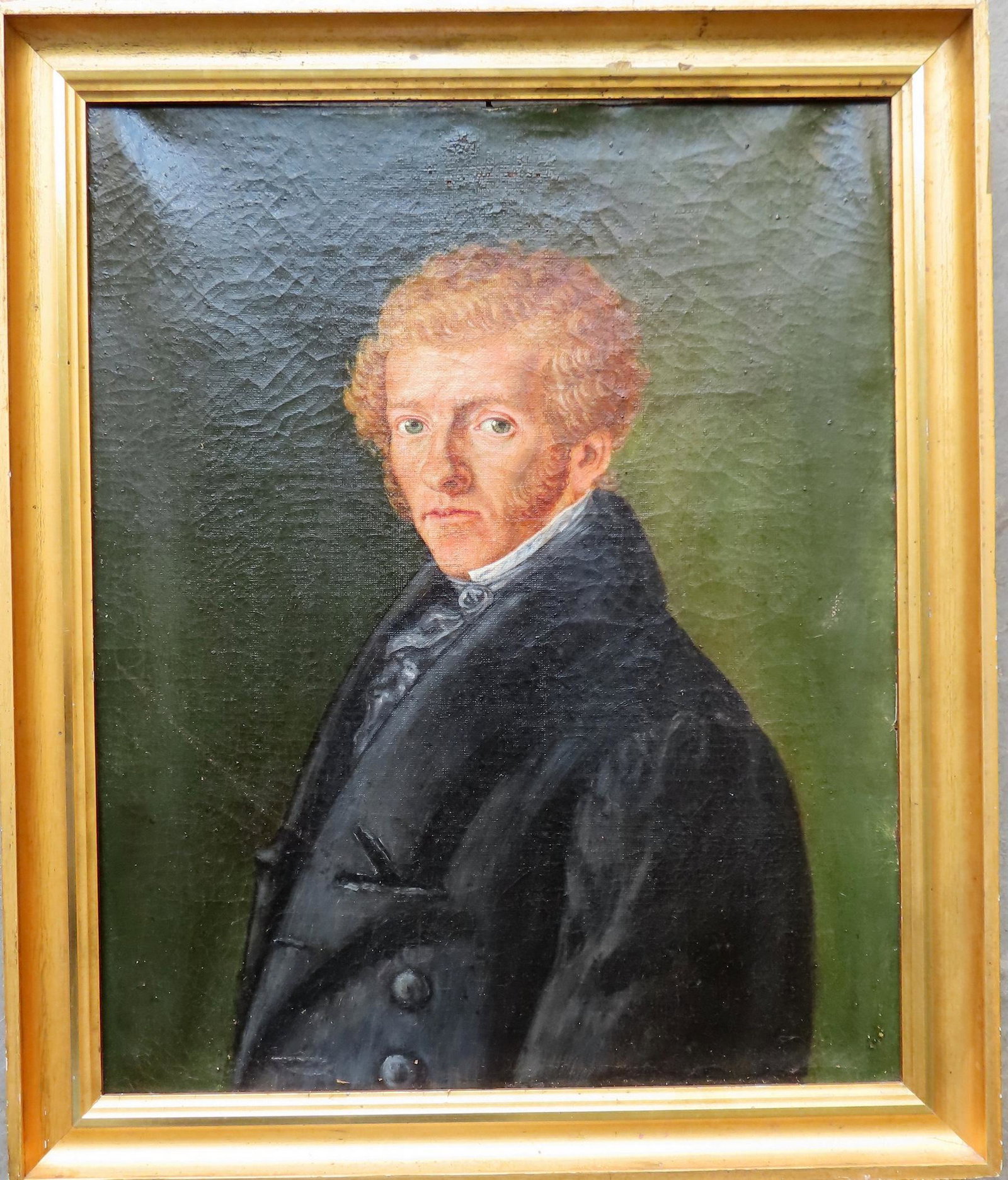 O/C Portrait of a stately gentleman, circa 1830. Hand made stretcher and mounted in a newer gilt: O/C Portrait of a stately gentleman, circa 1830. Hand made stretcher and mounted in a newer gilt frame. Total frame size 17 1/2" x 21". Very good condition. Provenance: From a Rochester NY estate, nam