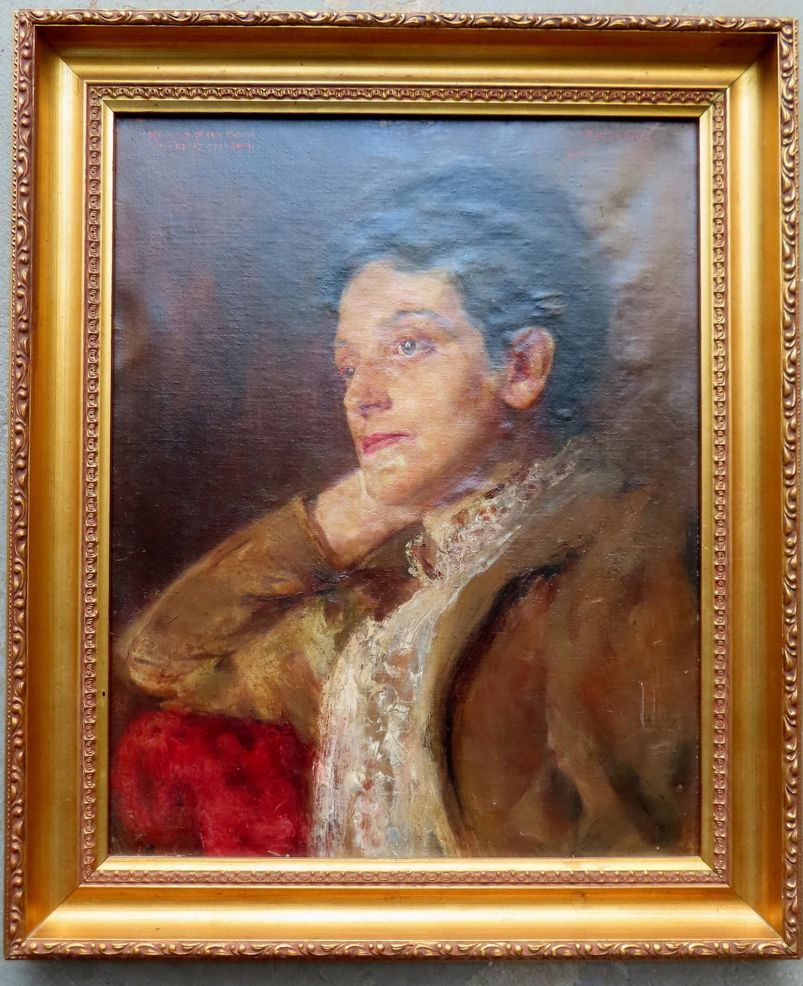 O/C Portrait of an Edwardian lady. Artist signed upper right corner illegibly - also marked upper: O/C Portrait of an Edwardian lady. Artist signed upper right corner illegibly - also marked upper left corner in German that appears to read "Meiner Lieben Mama / Geburtstag / 1894" (Translation belie