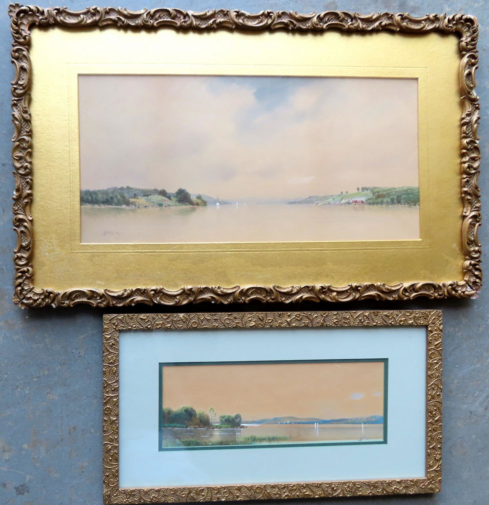 Two W/C's signed James Henry Moser, 1854-1913, active in Mass. & Canada. Both photographic quality: Two W/C's signed James Henry Moser, 1854-1913, active in Mass. & Canada. Both photographic quality depicting lake/river with sailboats, circa 1900, mounted in non-matching gilt gesso frames. The small