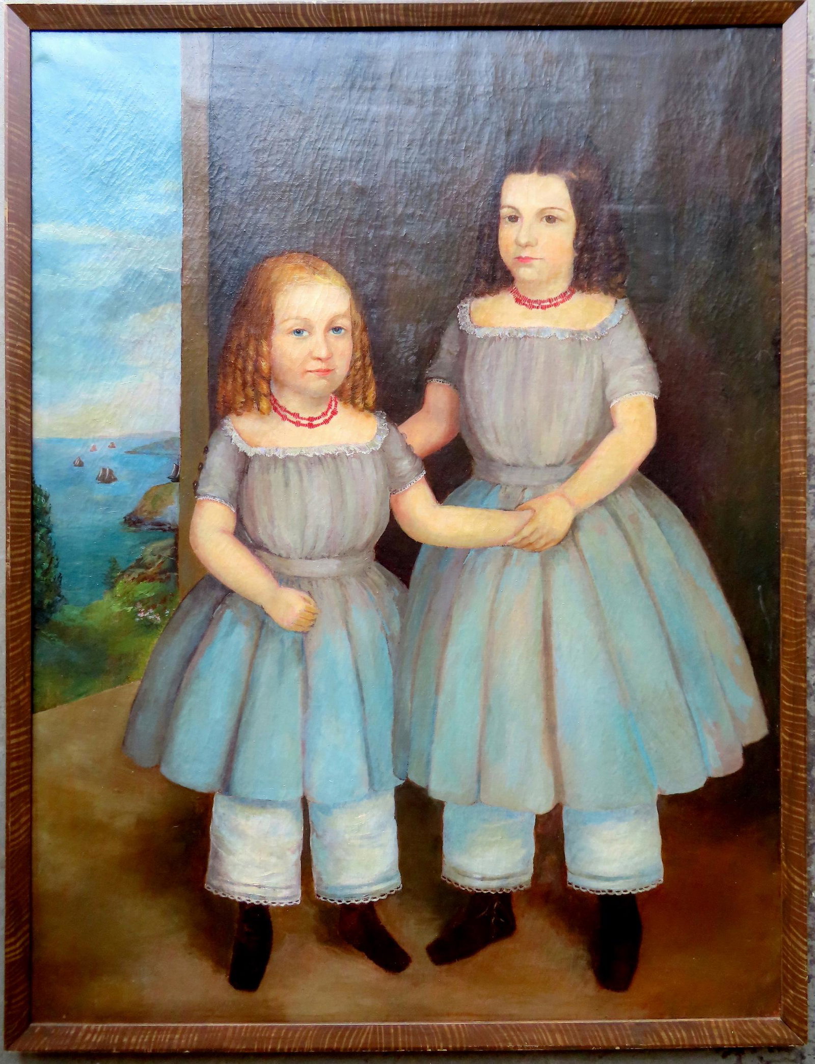 Large folk art O/C Portrait of 2 sisters wearing identical necklaces and dresses.: Large folk art O/C Portrait of 2 sisters wearing identical necklaces and dresses, identified as Margaret and Ella Barker of Massachusetts, born 1843 and 1845 respectively . Note the window view depict