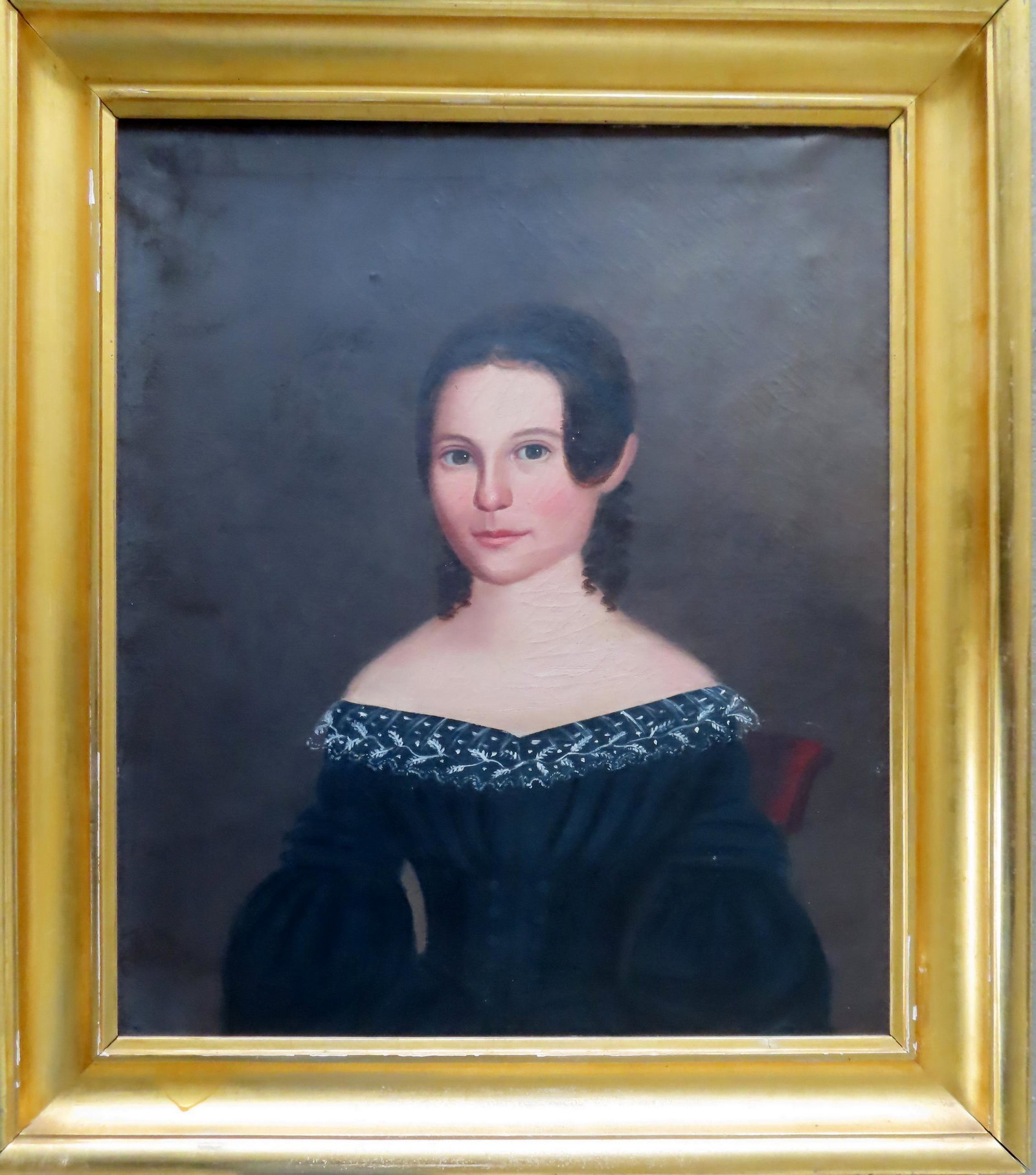 O/C Portrait of young lady with curls wearing a blue dress with lace collar, circa 1850 or earlier.: O/C Portrait of young lady with curls wearing a blue dress with lace collar, circa 1850 or earlier. Paper label on reverse identifying sitter as Mary Patterson, born 1832 and died in 1878 (death date 