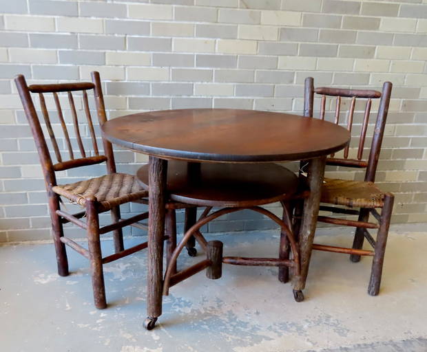 Three pieces of vintage hickory furniture in original finish, early