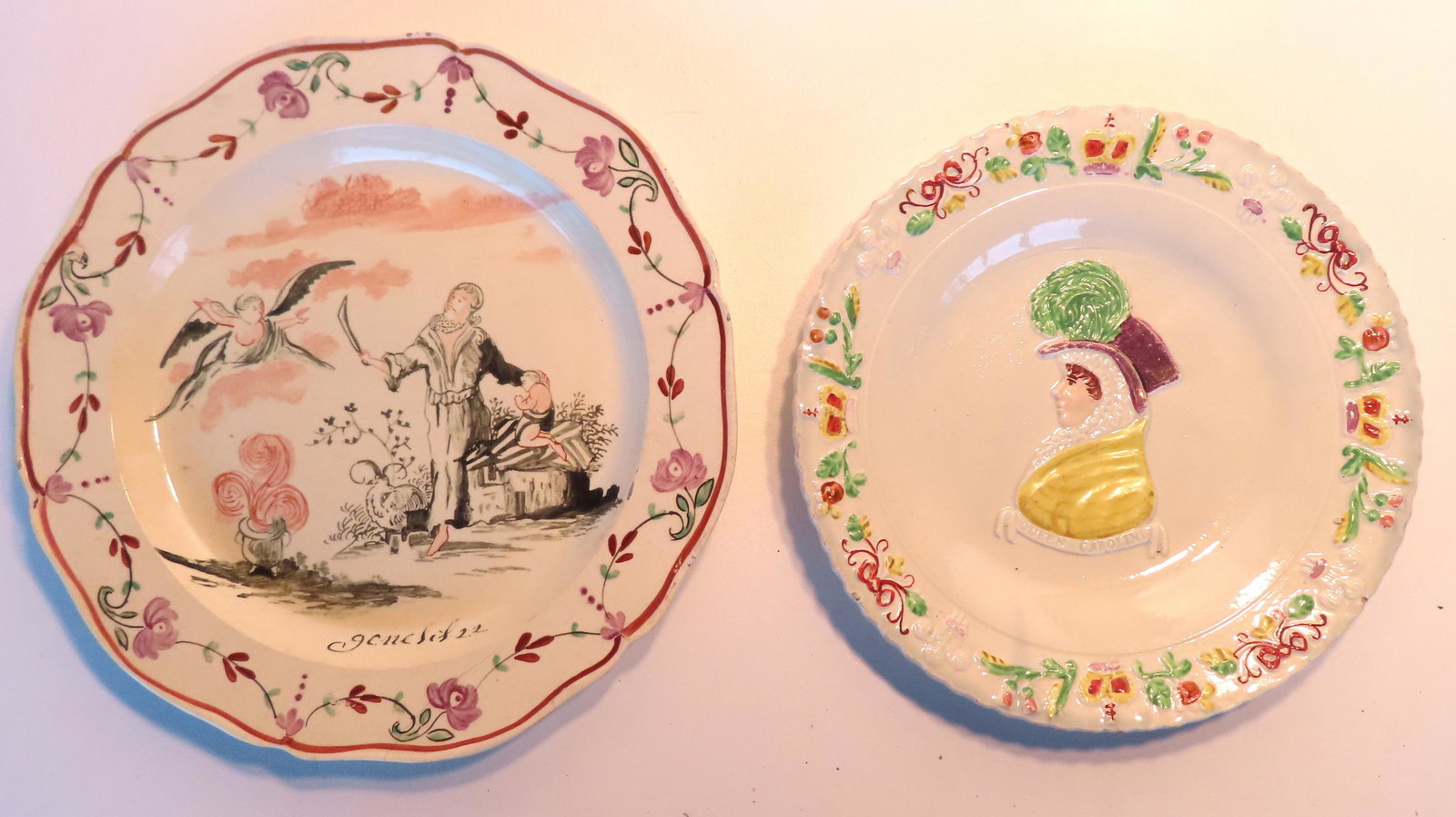 Two early soft paste pearlware plates: The first a commemorative plate to Queen Caroline of England: Two early soft paste pearlware plates: The first a commemorative plate to Queen Caroline of England - 8 1/8" diameter - early 19th century in very good condition, no damage; the second a religious pla