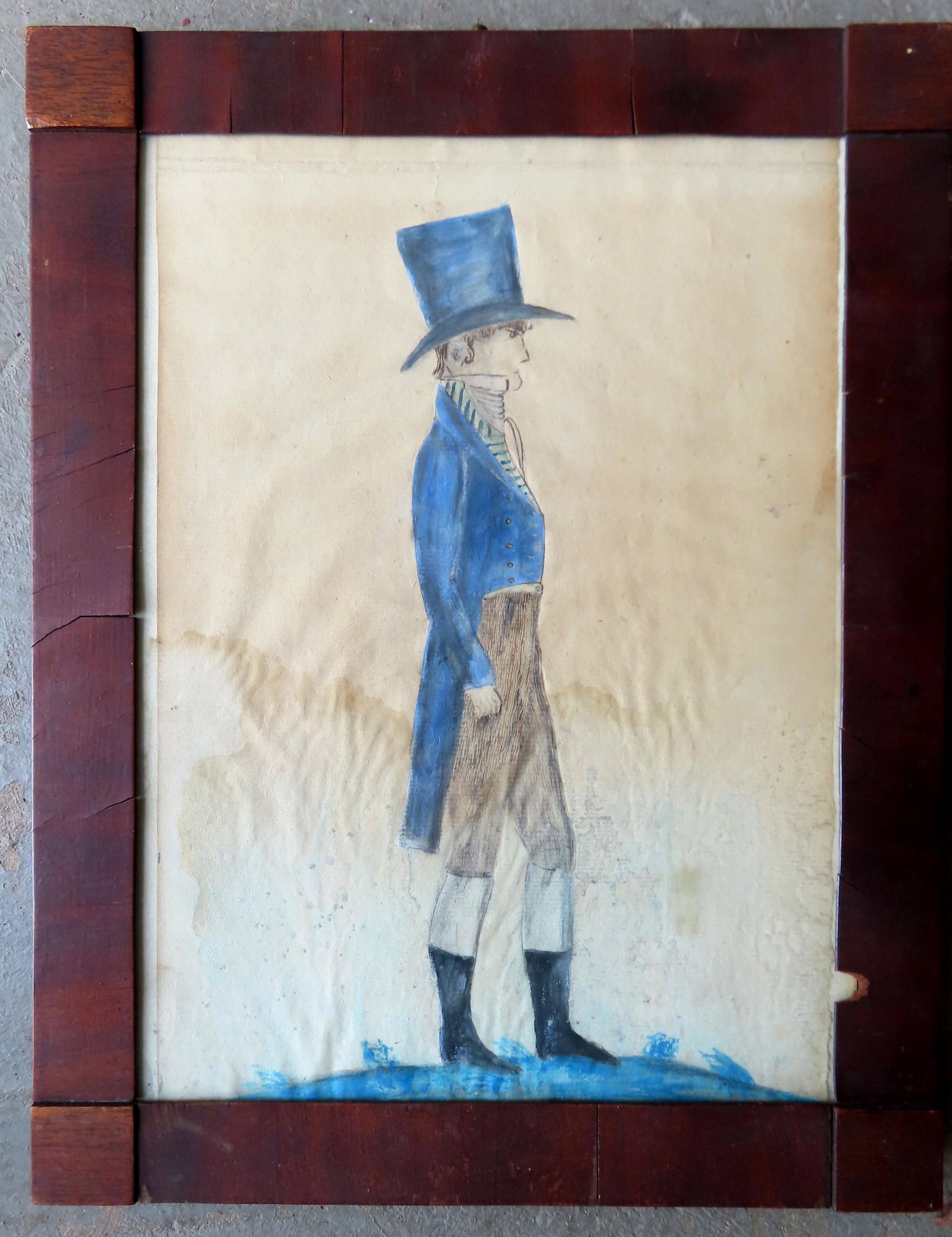 W/C Portrait of a standing man wearing top hat, attributed to Jacob Mantel, circa 1830-50. Some: W/C Portrait of a standing man wearing top hat, attributed to Jacob Mantel, circa 1830-50. Some staining, otherwise good condition. The frame with minor wear and losses. Total frame size 10 1/2" x 13 