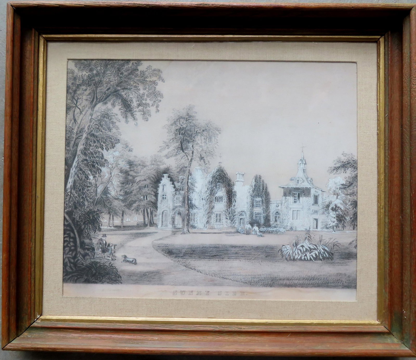 A sandpaper drawing titled "Sunnyside" - residence of Washington Irving.: A sandpaper drawing titled "Sunnyside" with figures on the front lawn including man seated on bench with reclining dog, circa 1860-70. This drawing is after a Currier & Ives lithograph produced in 186
