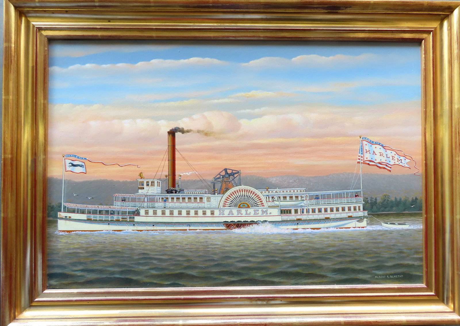 Albert R. Nemethy, American, 1920-1998. O/C Portrait of a paddle wheeler "Harlem" signed Albert R.: Albert R. Nemethy, American, 1920-1998. O/C Portrait of a paddle wheeler "Harlem" signed Albert R. Nemethy, after a painting by James Bard - Excellent condition - late 20th century. Sight size 21 1/8"