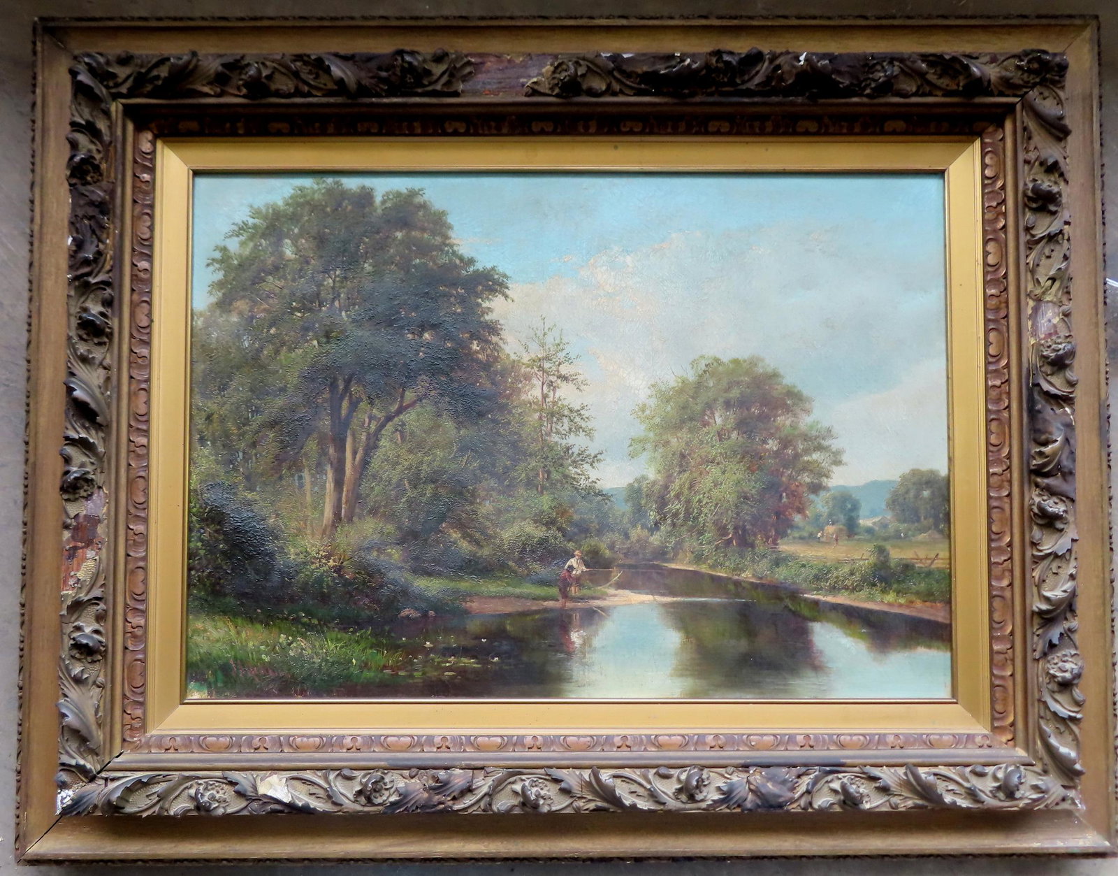 O/C Landscape with man and boy fishing in stream and farmer stacking hay in the background, circa: O/C Landscape with man and boy fishing in stream and farmer stacking hay in the background, circa 1860-70. Mounted in a gilt gesso frame with some losses - the painting is in very good condition with 