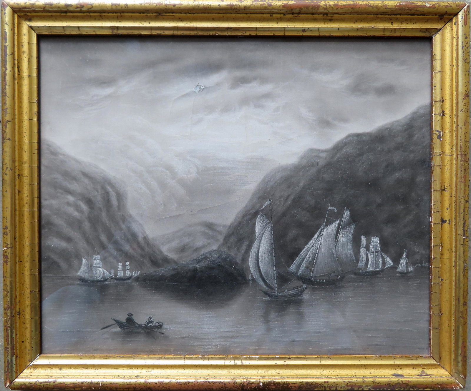 Hudson Valley sandpaper drawing depicting a view of the Hudson River near Bannerman's island, mid: Hudson Valley sandpaper drawing depicting a view of the Hudson River near Bannerman's island, mid 19th century - small repair in sky area, some crazing, else good condition. Mounted in a lemon gold fr