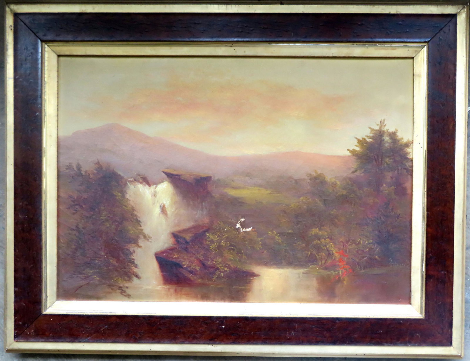 O/C Mountain landscape with waterfall, possibly Catskill Mountains, 19th century. A small area of: O/C Mountain landscape with waterfall, possibly Catskill Mountains, 19th century. A small area of paint loss in the center with slight canvas separation, else good condition. Stretcher size 20" x 14" 
