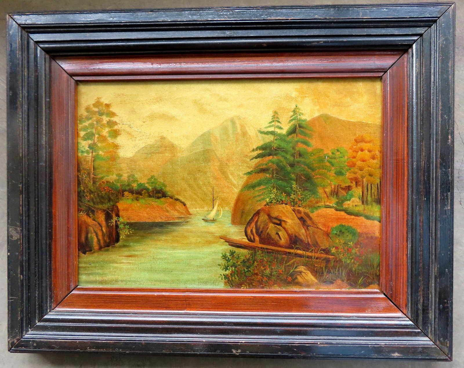O/C A primitive mountain landscape with sailboat in lake, mid to late 19th century. Darkened shellac: O/C A primitive mountain landscape with sailboat in lake, mid to late 19th century. Darkened shellac finish, else good condition. Stretcher size 23 1/2" x 16 3/8 and total frame size 32" x 25 1/8".