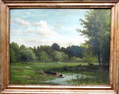 Richard William Hubbard (1816 - 1888) was active/lived in New York, Connecticut. O/C Country: Richard William Hubbard (1816 - 1888) was active/lived in New York, Connecticut. O/C Country landscape depicting a pond with rowboat on shore and cow resting under tree, house in background, signed lo