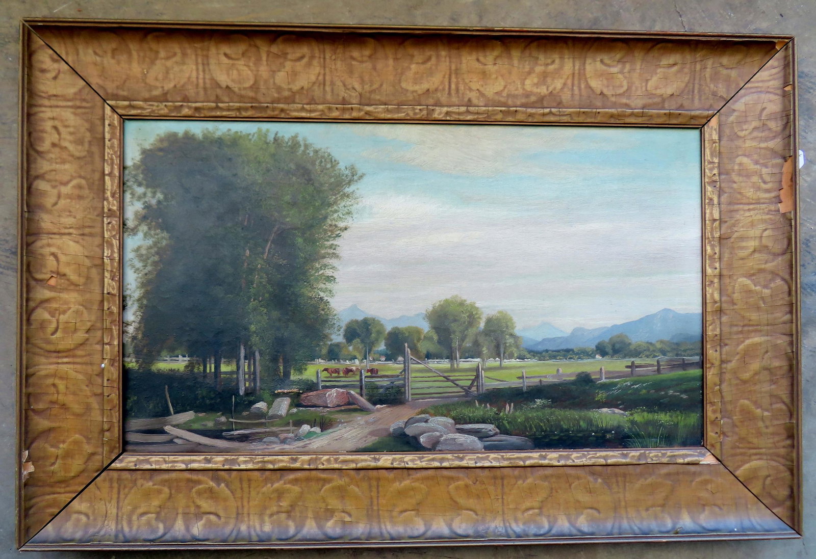 O/C Country landscape with cows grazing in a fenced meadow. Marked in ink on stretcher "November: O/C Country landscape with cows grazing in a fenced meadow. Marked in ink on stretcher "November 1880 / Portland". Slight losses to original frame - the painting in very good condition with no damage 