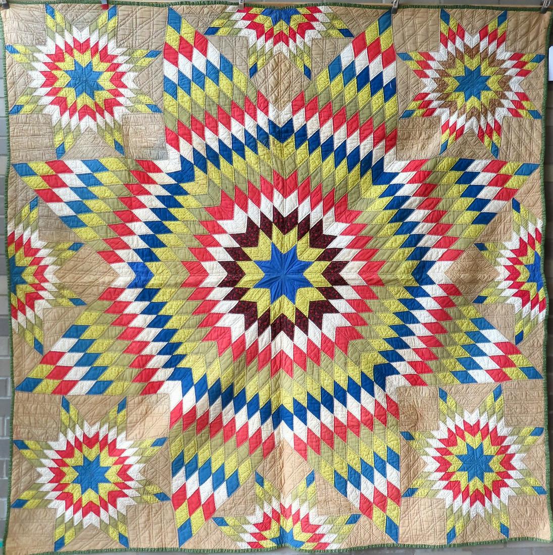 Patchwork quilt, Stars of Bethlehem pattern, hand sewn, late 19th to early 20th century. One slight: Patchwork quilt, Stars of Bethlehem pattern, hand sewn, late 19th to early 20th century. One slight tear in one patch, else very good condition. Measures 73" x 75".