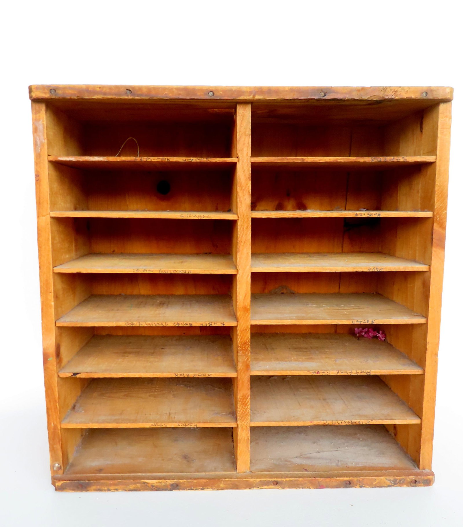 A Table Top Pie carrying box with open handles on each end and marked "Fresh Table Top pies", in old: A Table Top Pie carrying box with open handles on each end and marked "Fresh Table Top pies", in old red stain. Measures 22 1/2"W x 10 3/4"D x 22 3/4"H. Provenance: From the estate of Barbara Becker, 