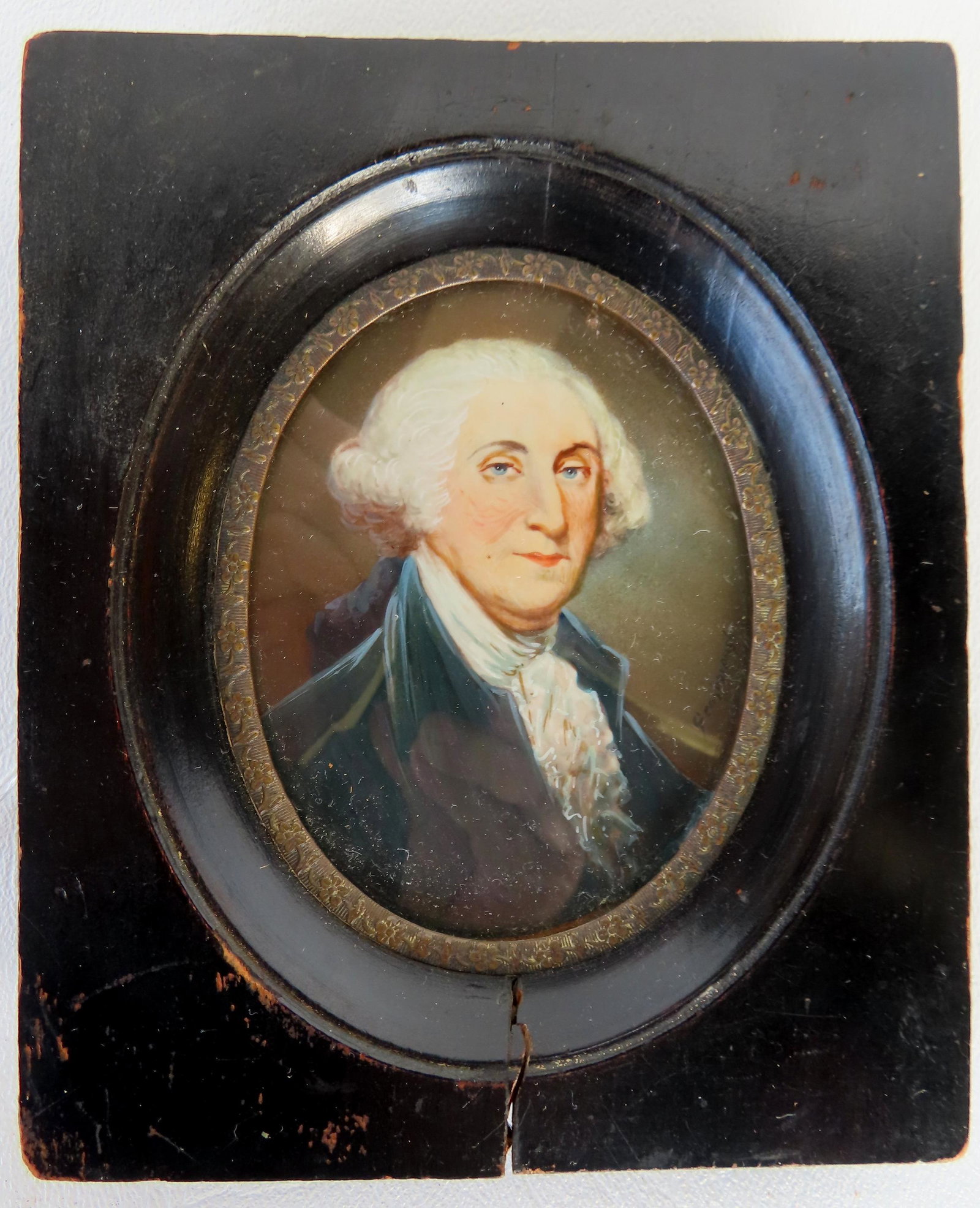 A miniature oil portrait George Washington signed "Gainborough", mid to late 19th century, appears: A miniature oil portrait George Washington signed "Gainborough", mid to late 19th century, appears to be on vellum, probably after Thomas Gainsborough (British 1727-1788), very good condition in origi