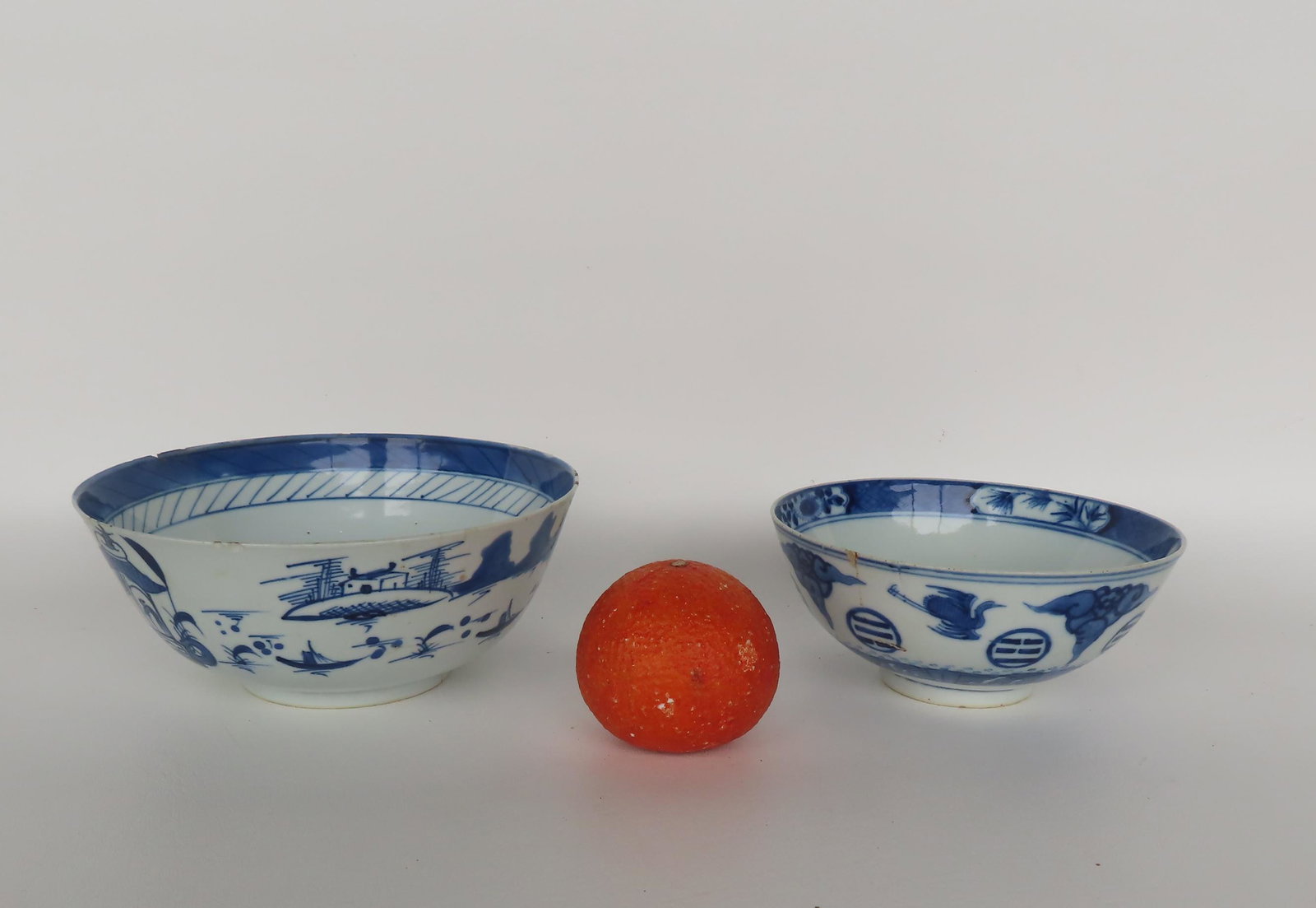 Two Chinese export porcelain bowls, 18th/19th century.. The larger in Canton pattern with slight: Two Chinese export porcelain bowls, 18th/19th century.. The larger in Canton pattern with slight edge chips, else good condition - 8" diameter x 3 1/4"H. The smaller decorated with medallions and bird