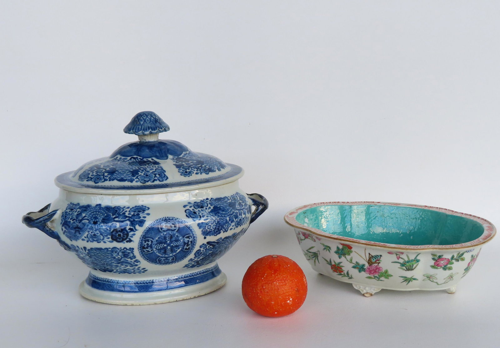 Two Chinese porcelain serving bowls: A Fitzhugh pattern blue and white covered tureen on oval footed: Two Chinese porcelain serving bowls: A Fitzhugh pattern blue and white covered tureen on oval footed base with tree branch shaped side handles - very good condition, no damage or repairs, probably lat