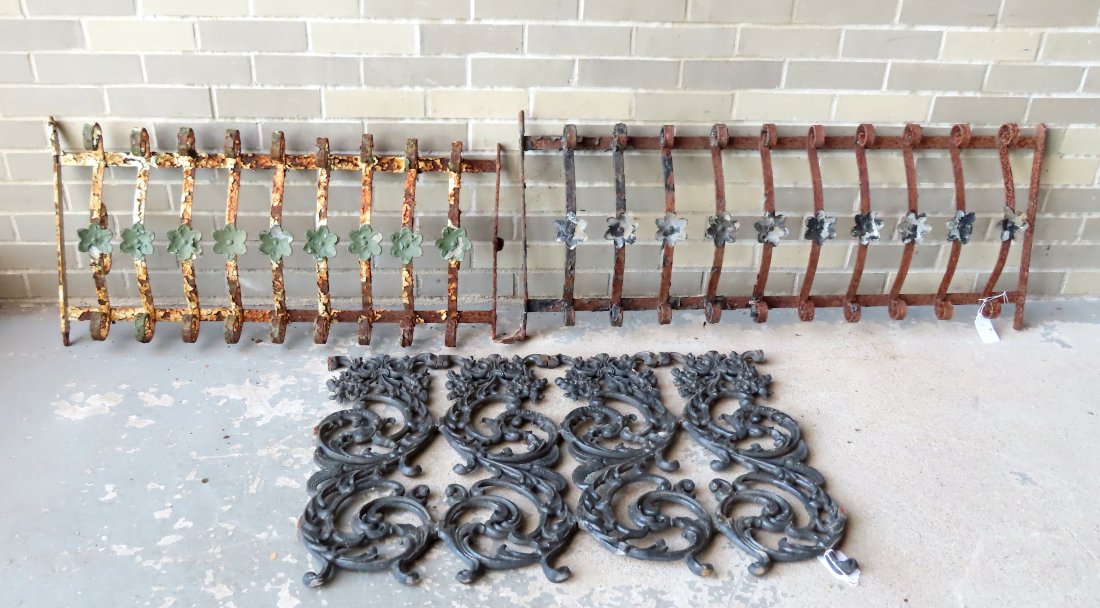 A grouping of 3 decorative metal objects including 2 wrought iron window guards, the largest having: A grouping of 3 decorative metal objects including 2 wrought iron window guards, the largest having a total overall size measuring 44"L x 19 1/4"H, each with layers of crusty old paint and some rust; 