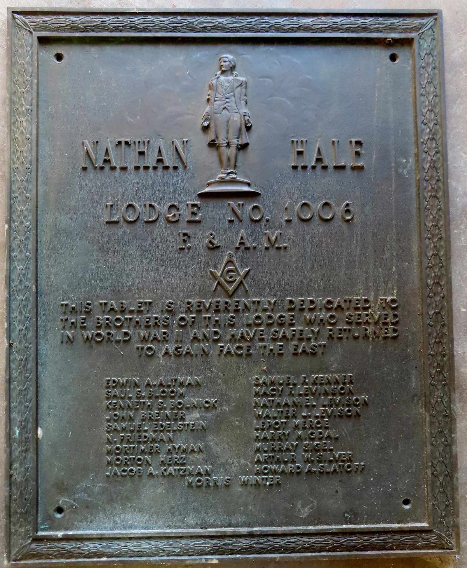 A bronze Masonic memorial "Nathan Hale" building plaque, "Lodge No. 1006 / F. & A.M." (Free and: A bronze Masonic memorial "Nathan Hale" building plaque, "Lodge No. 1006 / F. & A.M." (Free and Accepted Masons), dedicated to lodge members who served in WWII. Very good condition. Measures 24"W x 29