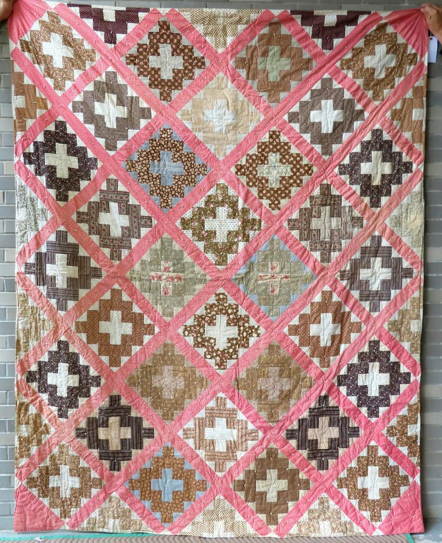 Patchwork quilt, Chimney Sweep pattern typically used in Friendship Album quilts, hand sewn, mid to: Patchwork quilt, Chimney Sweep pattern typically used in Friendship Album quilts, hand sewn, mid to late 19th century - 77" x 97". The quilt is tied to a 20th century backing. Some patches with frayin