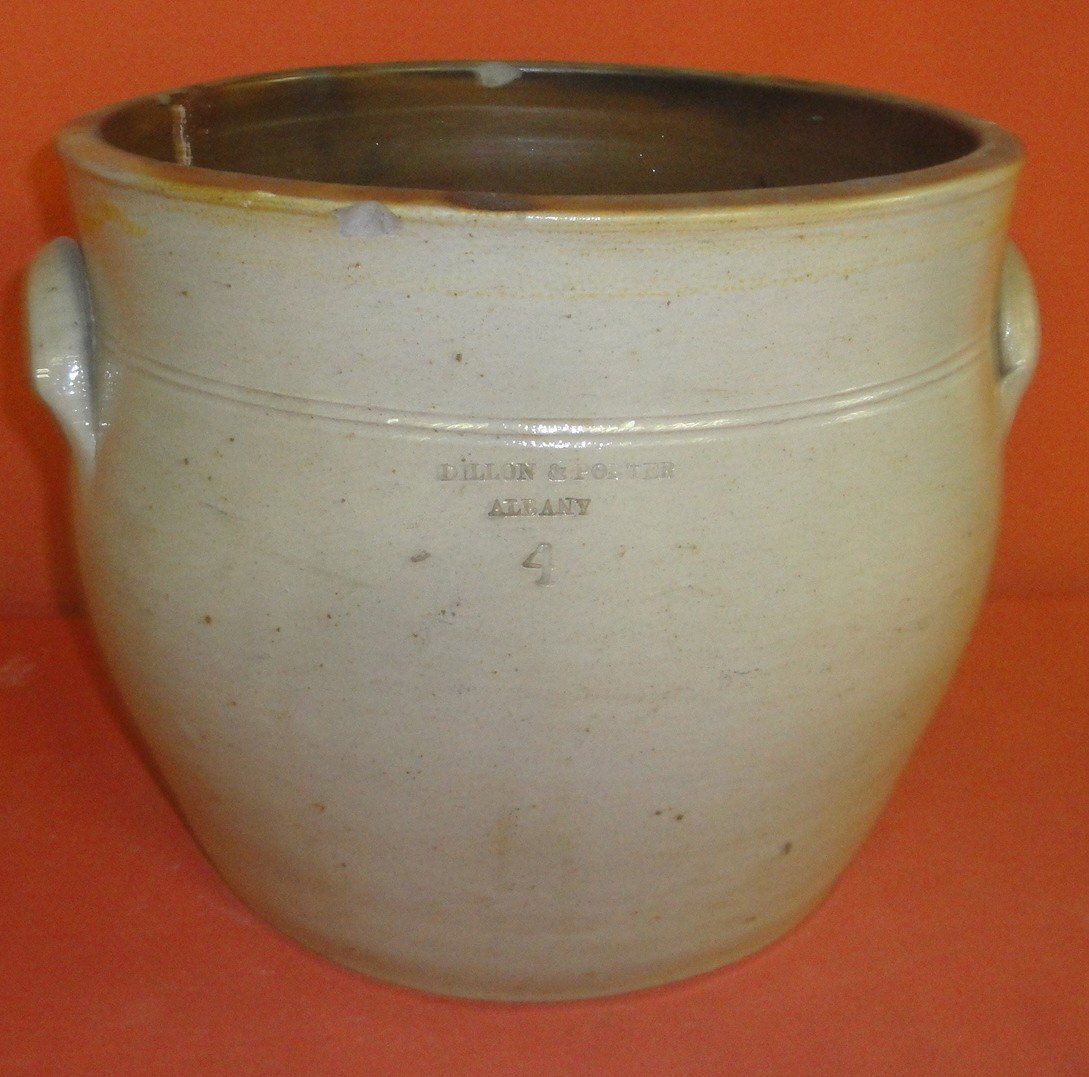 Stoneware 4 gallon signed Dillon & Porter, Alban: Stoneware four-gallon crock signed Dillon & Porter, Albany - (two small chips on rim)