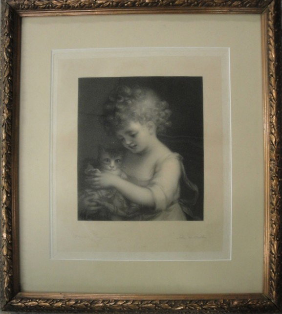 Engraving of girl with cat signed John R. Miller. : Engraving of girl with cat signed John R. Miller. Probably 19th century or earlier.