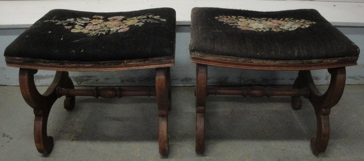 Small marble top table and Empire foot stool with: Small marble top table and Empire foot stool with needlepoint top.